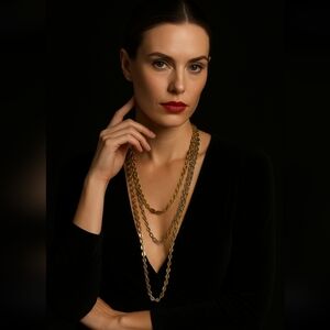VINTAGE CHICO’S MULTI-STRAND GOLD TONE CHAIN NECKLACE – STATEMENT LUXURY DESIGN